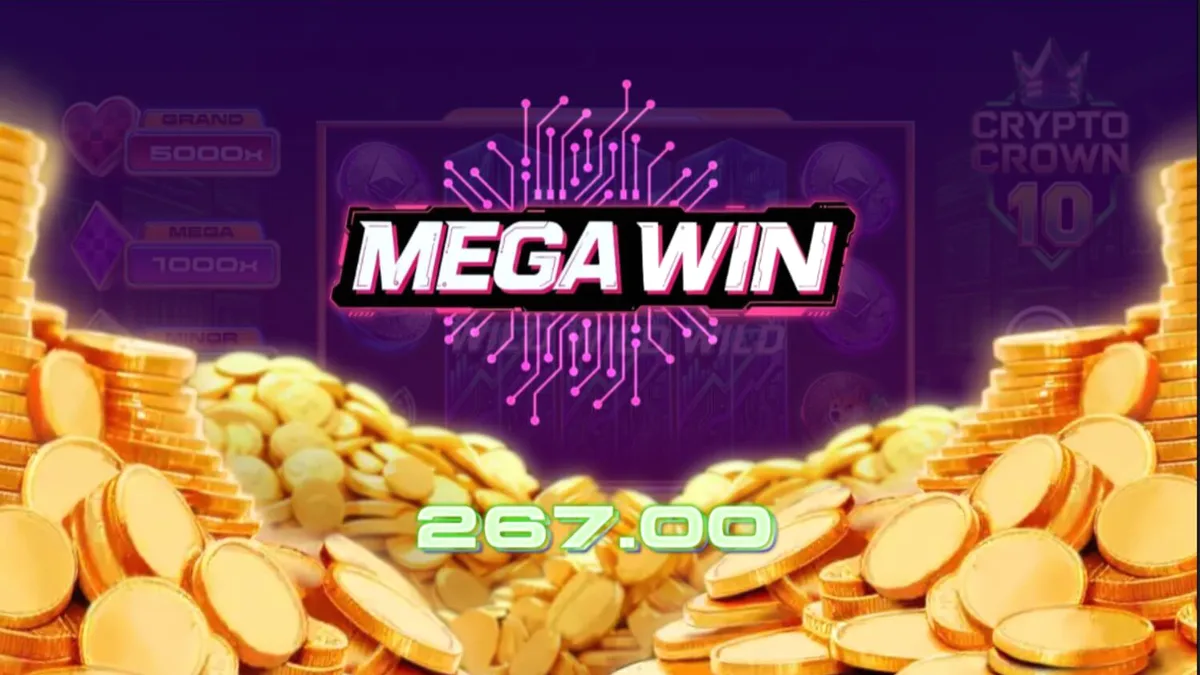 Crypto Crown 10 slot machine interface na may neon at cryptocurrency symbols